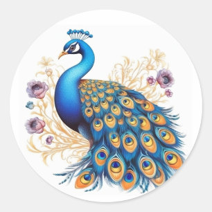 Peacock With Purple Flowers Classic Round Sticker