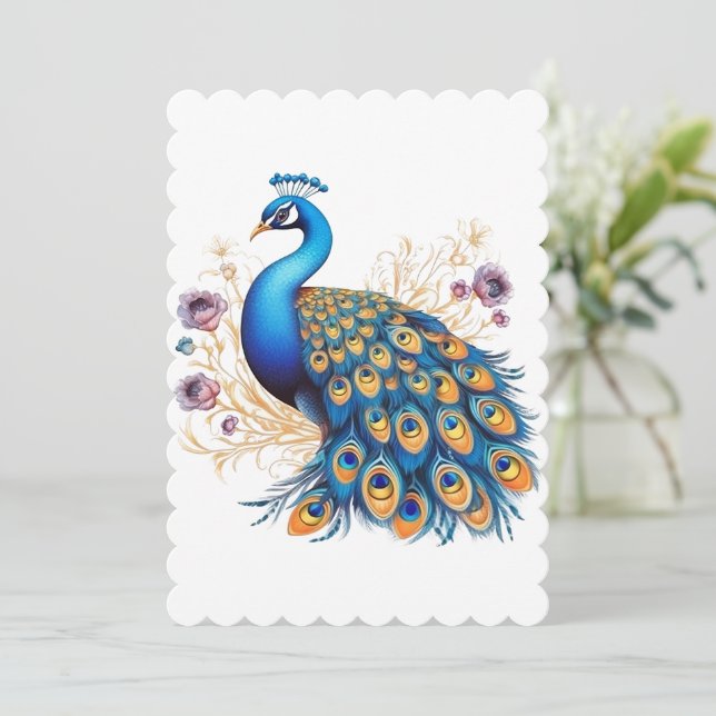 Peacock With Purple Flowers Holiday Card (Standing Front)
