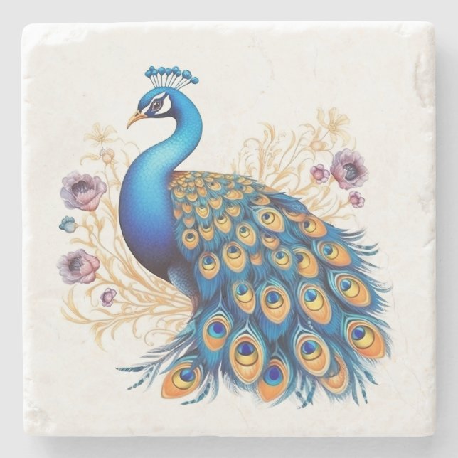 Peacock With Purple Flowers Stone Coaster (Front)