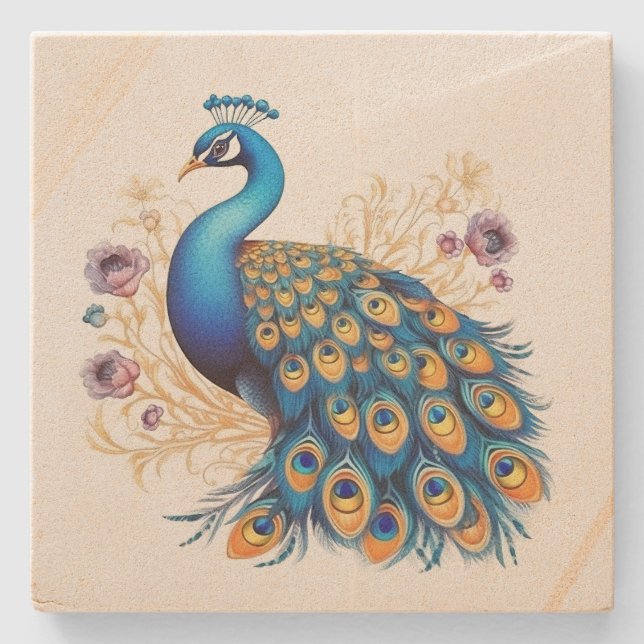 Peacock With Purple Flowers Stone Coaster (Front)