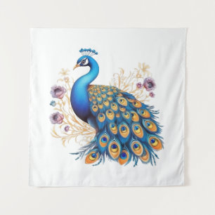 Peacock With Purple Flowers Tapestry