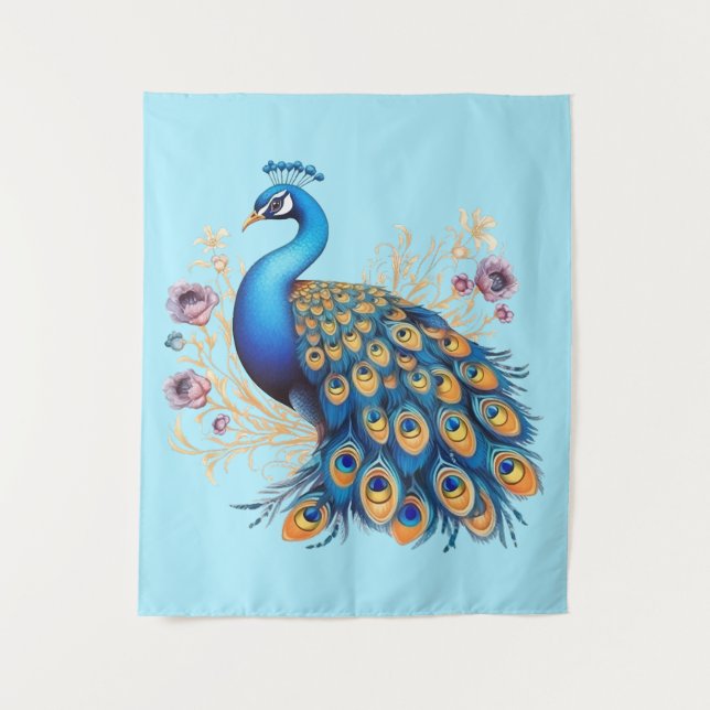Peacock With Purple Flowers Tapestry (Front)