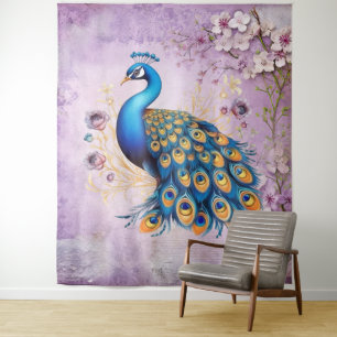 Peacock With Purple Flowers Tapestry