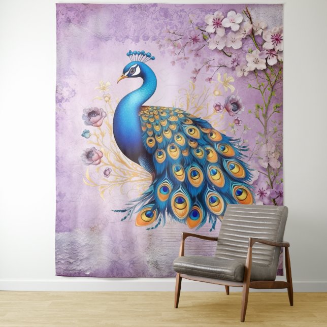 Peacock With Purple Flowers Tapestry (In Situ)