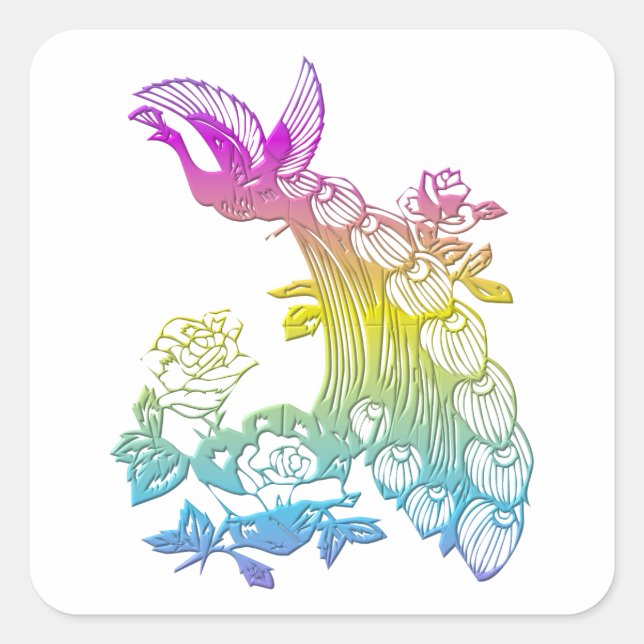 Peacock with roses square sticker (Front)