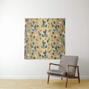 Peacocks and feathers on Gold Fabric Print Tapestry
