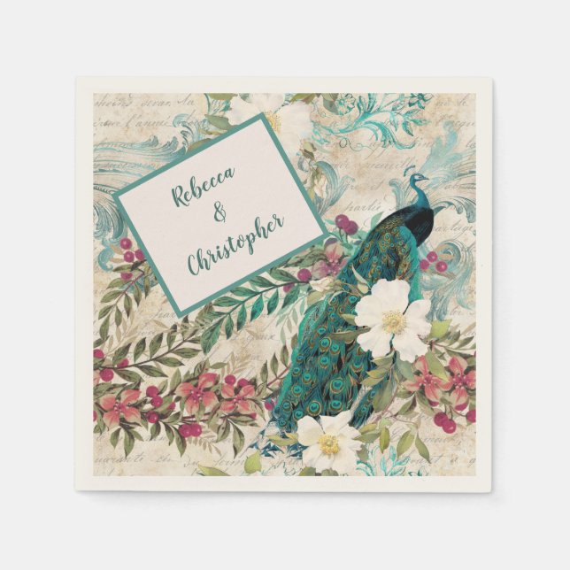 Peacocks and Flowers Teal, Ivory, and Gold Napkin (Front)