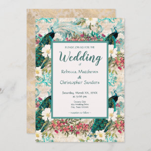 Peacocks and Flowers Teal, Ivory, and Gold Wedding Invitation