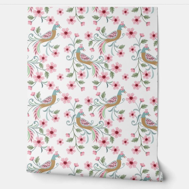 Peacocks and pink flowers wallpaper (Unrolling)