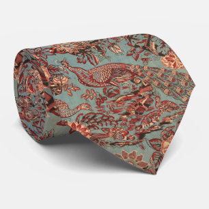 PEACOCKS AND RED PINK ROSES, BLUE PAISLEY PATTERN TIE