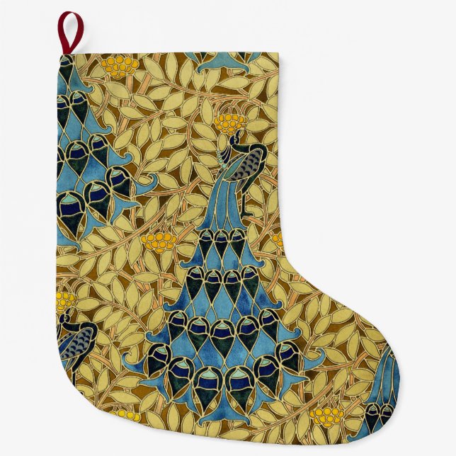 Peacocks Birds Rowan Trees Art Nouveau Large Christmas Stocking (Front)