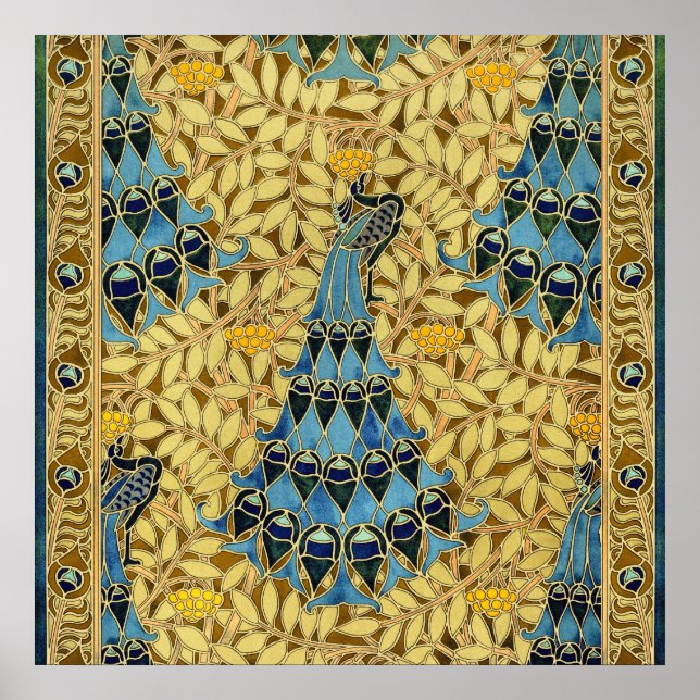 Peacocks Birds Rowan Trees Art Nouveau Poster (Front)