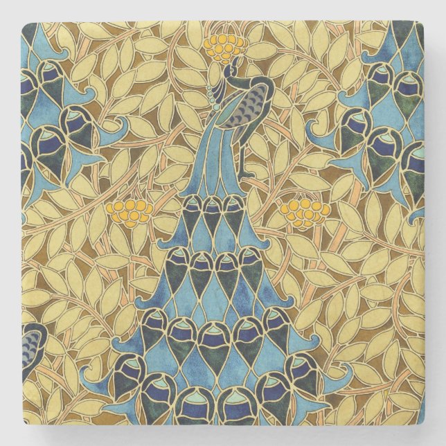Peacocks Birds Rowan Trees Art Nouveau Stone Coaster (Front)