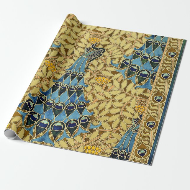 Peacocks Birds Rowan Trees Art Nouveau Wrapping Paper (Unrolled)