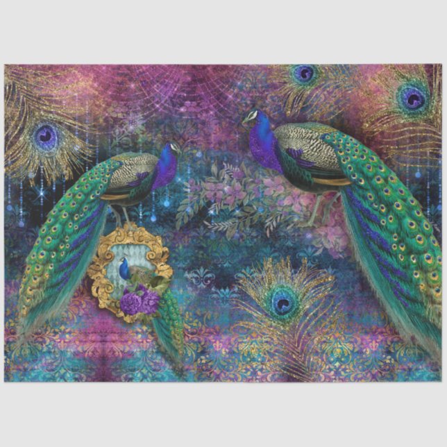 Peacocks Elegant Feathers Pink Glitter Decoupage Tissue Paper (Front)