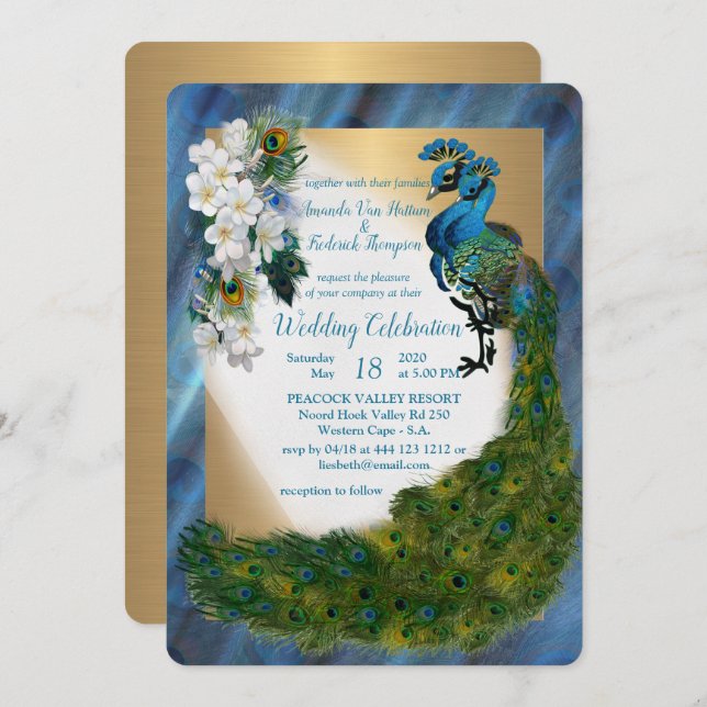 Peacocks & Emerald Green Metallic Silk & Gold Invitation (Front/Back)