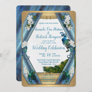 Peacocks & Emerald Green Metallic Silk Invitation