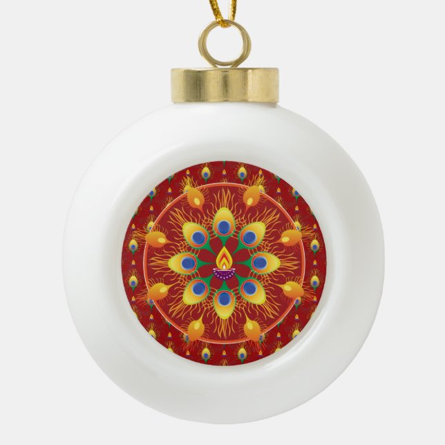 Peacocks' feather Rangoli on pattern Ceramic Ball Christmas Ornament (Front)