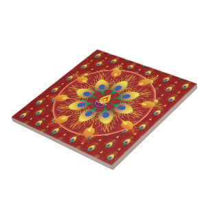 Peacocks' feather Rangoli on pattern Ceramic Tile
