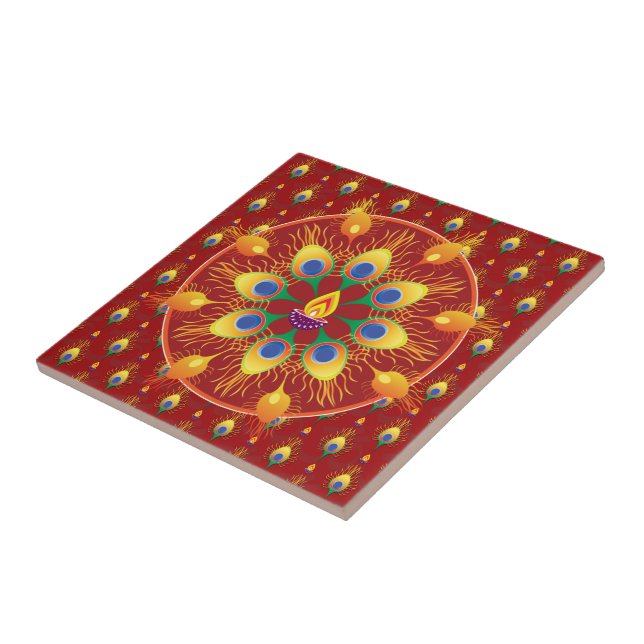 Peacocks' feather Rangoli on pattern Ceramic Tile (Side)