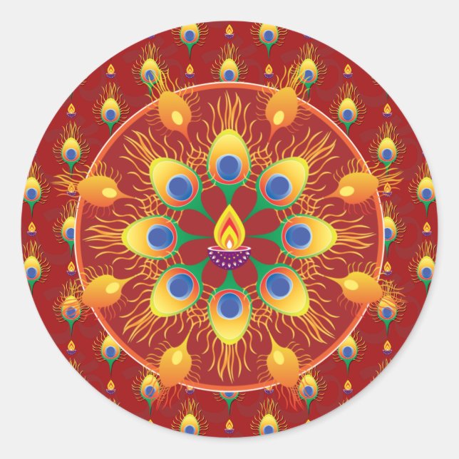Peacocks' feather Rangoli on pattern  Classic Round Sticker (Front)