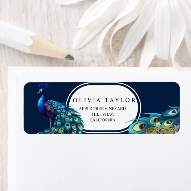 Peacocks Flora Wedding Return Address Label (Insitu)