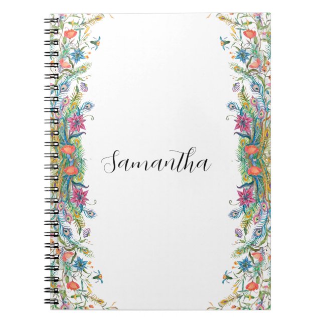 Peacocks frame with watercolor flowers notebook (Front)