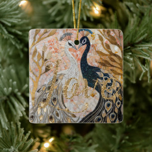Peacocks Gold Glitter Love Blush Rose Ceramic Ornament
