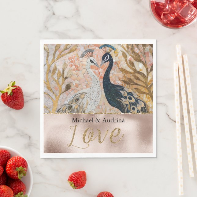Peacocks Gold Glitter Love Blush Rose Wedding Napkin (Insitu)