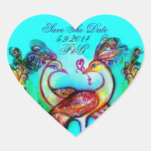 PEACOCKS IN LOVE HEART MONOGRAM Save the Date Sticker
