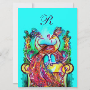 PEACOCKS IN LOVE MONOGRAM red blue turquase green Invitation