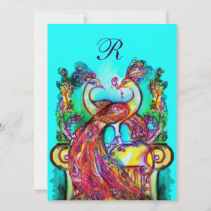 PEACOCKS IN LOVE MONOGRAM red blue turquase green Invitation
