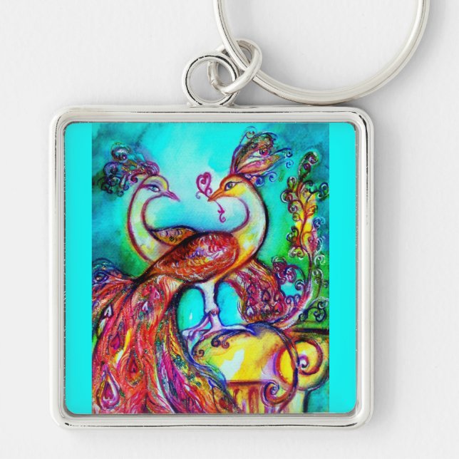 PEACOCKS IN LOVE  MONOGRAM red blue turquase green Key Ring (Front)