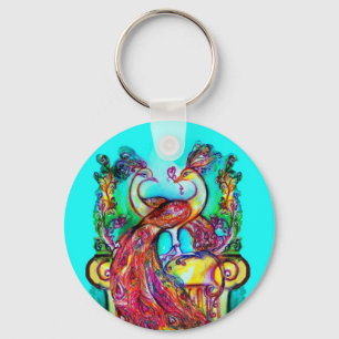 PEACOCKS IN LOVE  MONOGRAM red blue turquase green Key Ring
