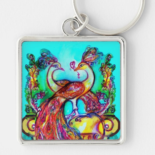 PEACOCKS IN LOVE  MONOGRAM red blue turquase green Key Ring (Front)
