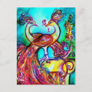 PEACOCKS IN LOVE  MONOGRAM red blue turquase green Postcard