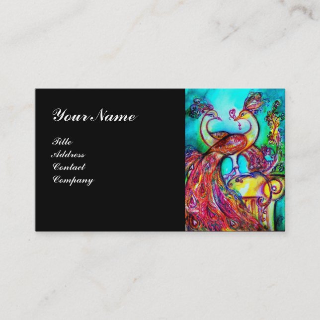 PEACOCKS IN LOVE MONOGRAM,red blue turquoise black Business Card (Front)