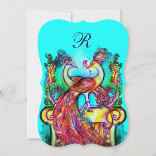 PEACOCKS IN LOVE MONOGRAM Red Teal Blue Green Invitation
