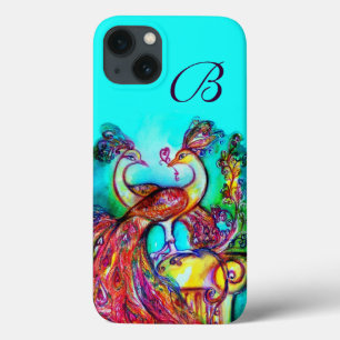 PEACOCKS IN LOVE MONOGRAM Turquoise Blue iPhone 13 Case