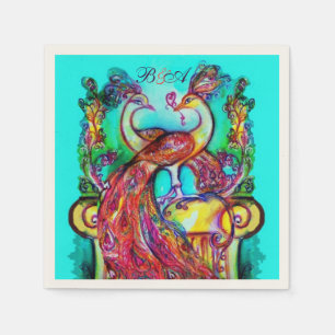 PEACOCKS IN LOVE Red Aqua Blue Wedding Monogram Napkin