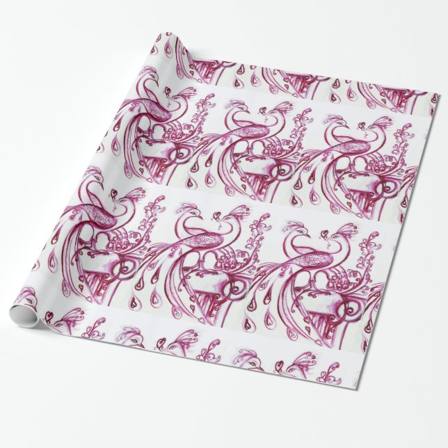 PEACOCKS IN LOVE ,Red Purple White Wrapping Paper (Unrolled)