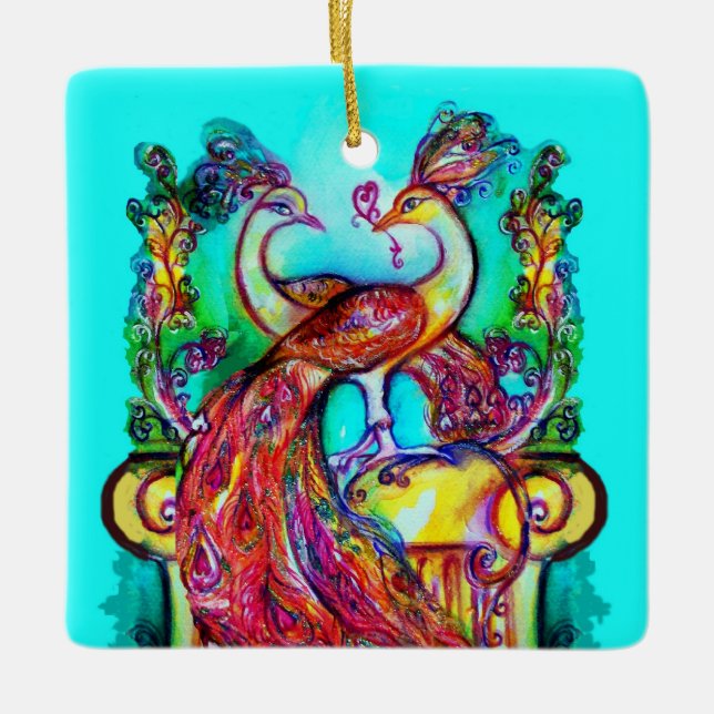 PEACOCKS IN LOVE /RED RUBY GEMSTONE,Blue turquoise Ceramic Ornament (Front)
