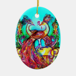 PEACOCKS IN LOVE /RED RUBY GEMSTONE,Blue turquoise Ceramic Tree Decoration