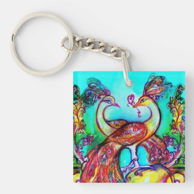 PEACOCKS IN LOVE  red teal blue green Key Ring (Front)