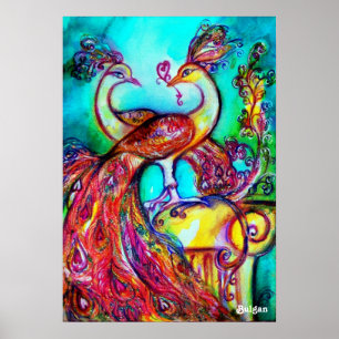 PEACOCKS IN LOVE, Red Yellow Turquase Blue Poster