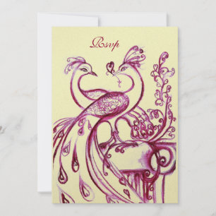 PEACOCKS IN LOVE RSVP, red burgundy pink gold Invitation
