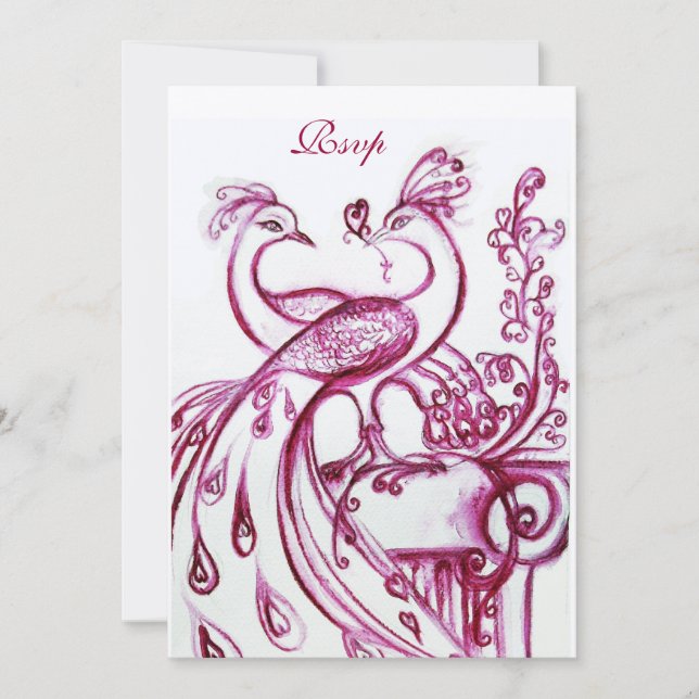 PEACOCKS IN LOVE RSVP, red burgundy pink gold Invitation (Front)