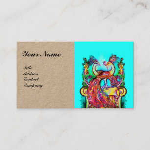 PEACOCKS IN LOVE WEDDING MONOGRAM Red Aqua Blue Business Card