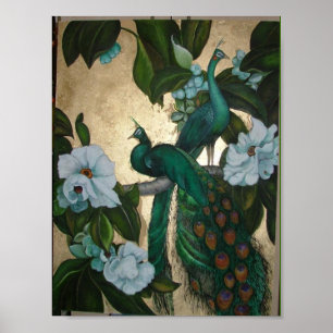 Peacocks in Magnolia Tree Poster