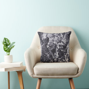 Peacocks In Rose Garden Blue Pattern Cushion